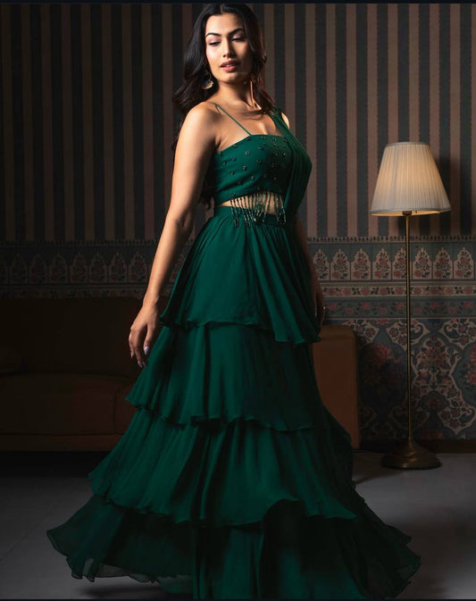 Flattering Georgette Green Color Draped Lehenga Choli