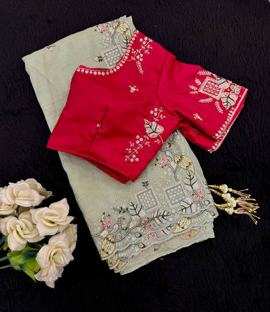 Precious Embroidery Work Green Color Saree