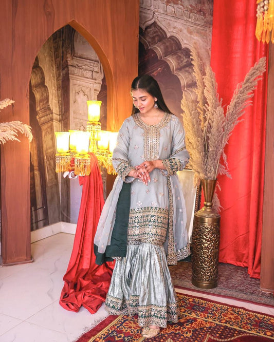 Festive Wear Heavy Work Gray Color Sharara Suit