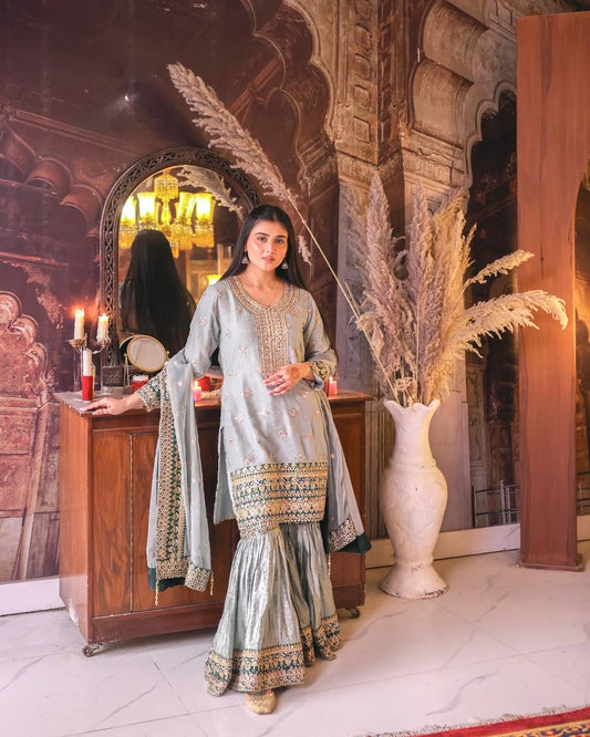 Festive Wear Heavy Work Gray Color Sharara Suit