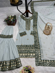 Festive Wear Heavy Work Gray Color Sharara Suit Festive Wear Heavy Work Gray Color Sharara Suit