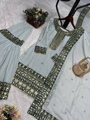 Festive Wear Heavy Work Gray Color Sharara Suit Festive Wear Heavy Work Gray Color Sharara Suit
