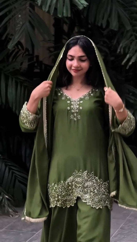 Delightful Georgette Mehndi Color Sharara Suit