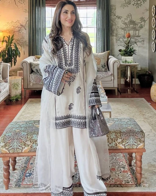 Charming White Color Natural Silk Palazzo Suit