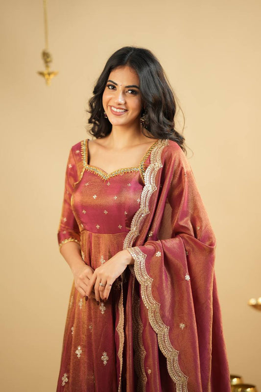 Classic Heavy Work Orange Color Gown With Dupatta