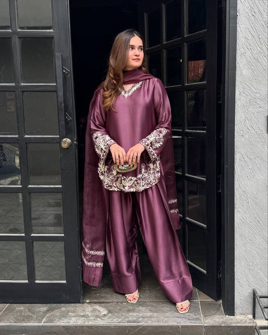 Wine Color Embroidery Work Punjabi Suit