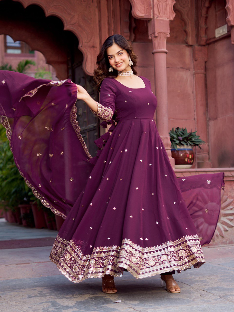 Classic Heavy Work Wine Color Georgette Gown