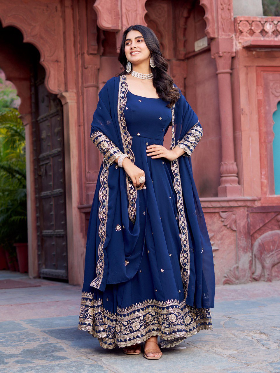 Classic Heavy Work Navy Blue Color Georgette Gown