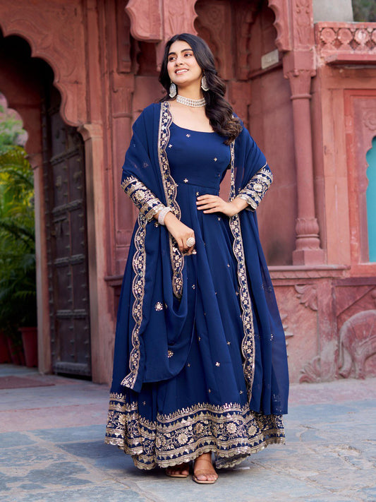 Classic Heavy Work Navy Blue Color Georgette Gown