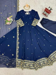 Classic Heavy Work Navy Blue Color Georgette Gown Classic Heavy Work Navy Blue Color Georgette Gown