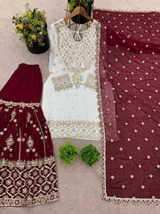 Exclusive Heavy Work White Color Suit Red Sharara Exclusive Heavy Work White Color Suit Red Sharara