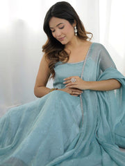 Party Look Blue Color Crunch Silk Gown Party Look Blue Color Crunch Silk Gown