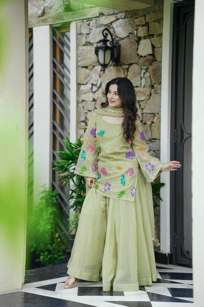Precious Pista Color Embroidered Casual Wear Sharara Suit