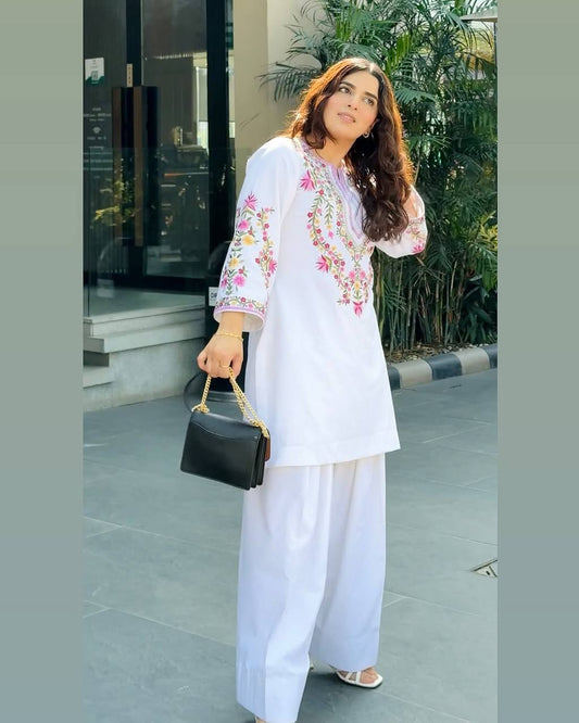 White Color Embroidered Stylish Palazzo Suit