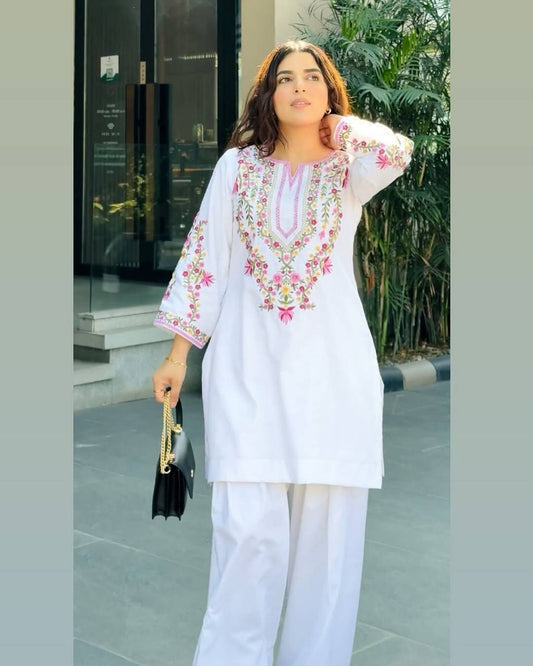 White Color Embroidered Stylish Palazzo Suit