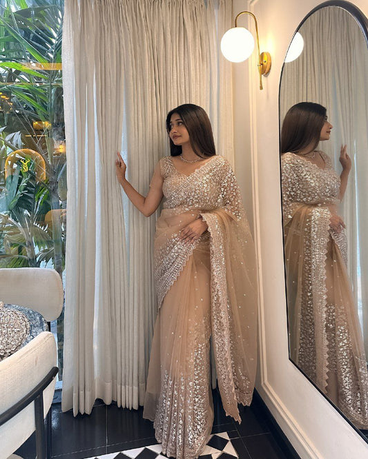 Silk Embroidery Work Partywear Beige Color Saree