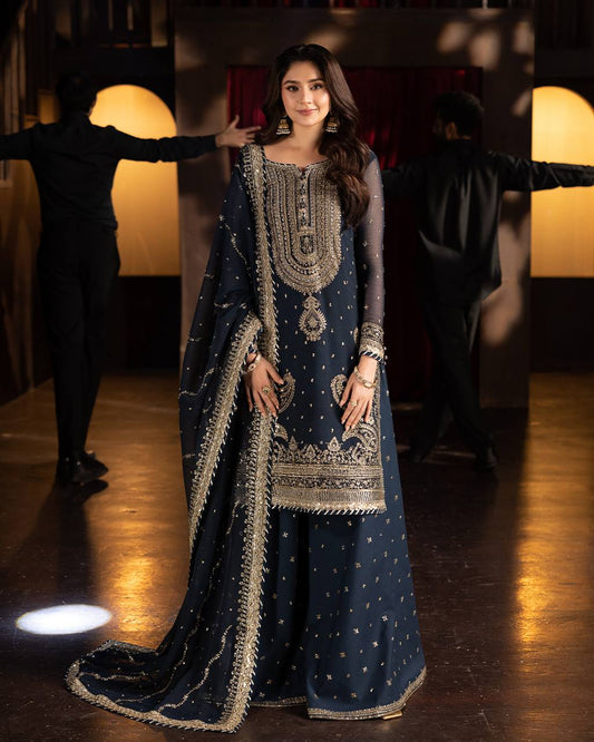 Navy Blue Color Heavy Work Sharara Set