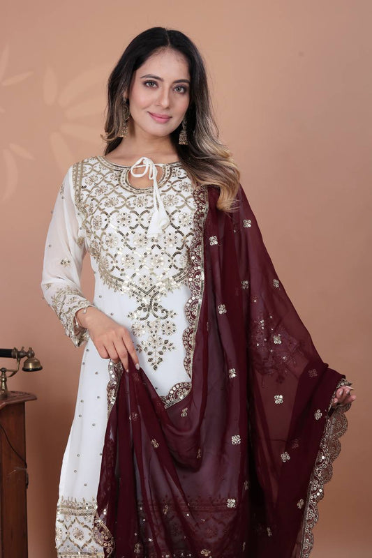 Exclusive Heavy Work White Color Suit Maroon Sharara