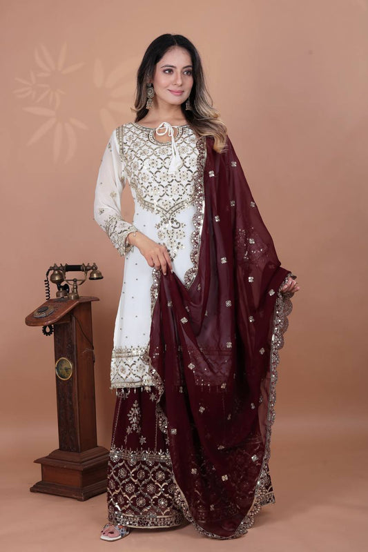 Exclusive Heavy Work White Color Suit Maroon Sharara