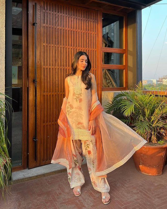 Peach Color Embroidery Work Outstanding Palazzo Suit