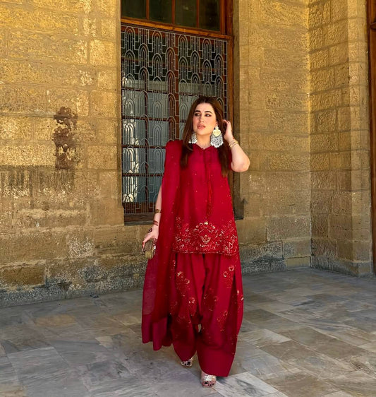 Adorable Embroidery Work Red Color Palazzo Suit