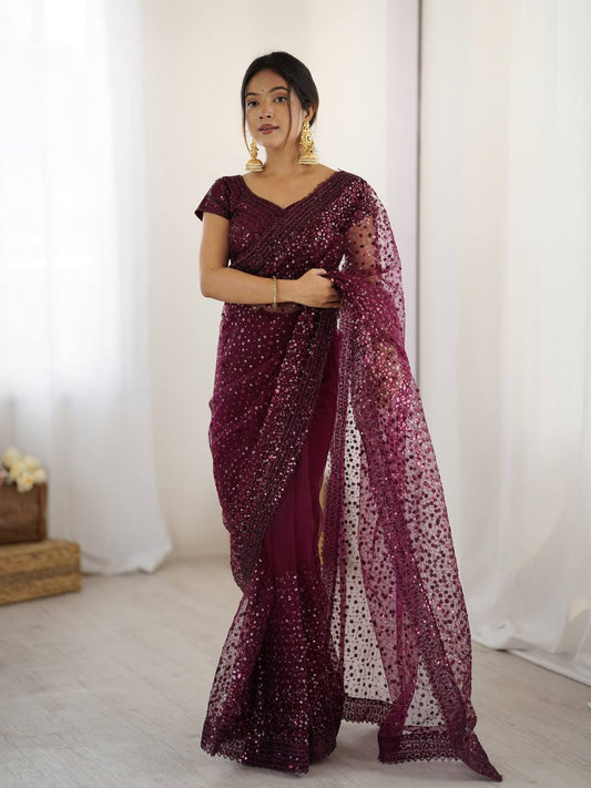 Wine Color Dori Work Party Wear Saree