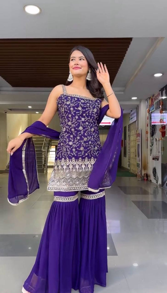 Purple Color Sequence Work Outstanding Sharara Suit