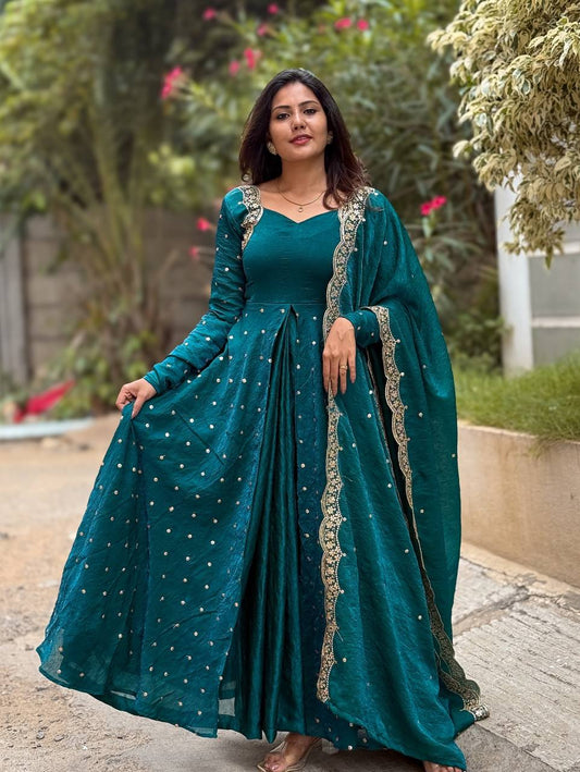 Function Wear Fandy Silk Teal Blue Color Gown