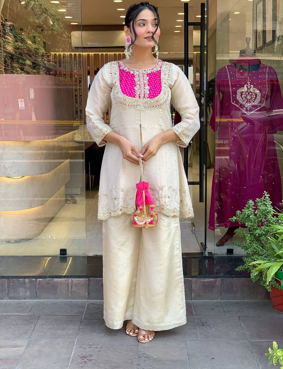 Elegant Shimmer Silk Cream With Pink Co-ord Set