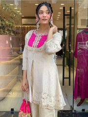 Elegant Shimmer Silk Cream With Pink Co-ord Set Elegant Shimmer Silk Cream With Pink Co-ord Set