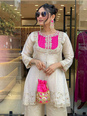 Elegant Shimmer Silk Cream With Pink Co-ord Set Elegant Shimmer Silk Cream With Pink Co-ord Set