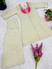 Elegant Shimmer Silk Cream With Pink Co-ord Set Elegant Shimmer Silk Cream With Pink Co-ord Set