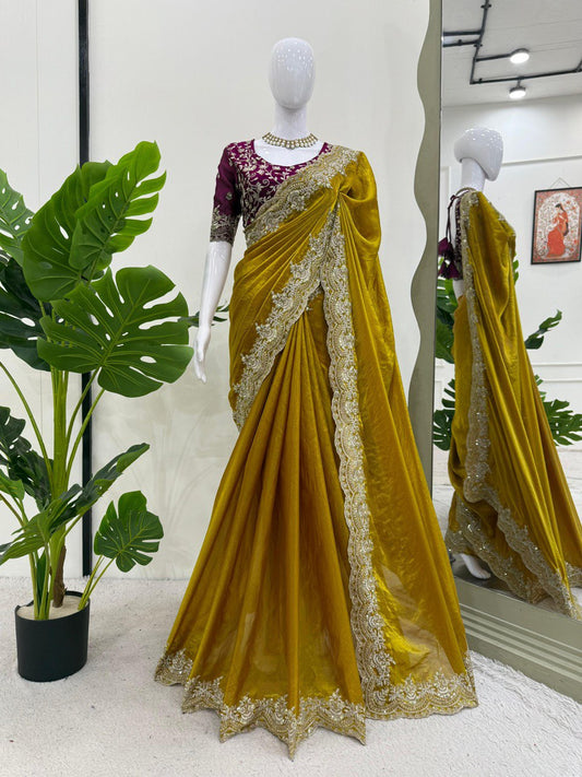 Sequence Work Mustard Color Silk Saree
