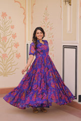 Flower Print V Neck Purple Color Gown Flower Print V Neck Purple Color Gown
