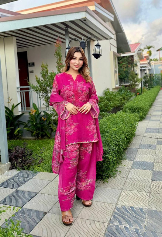 Beautiful Georgette Dark Pink Color Full Sleeve Palazzo Suit