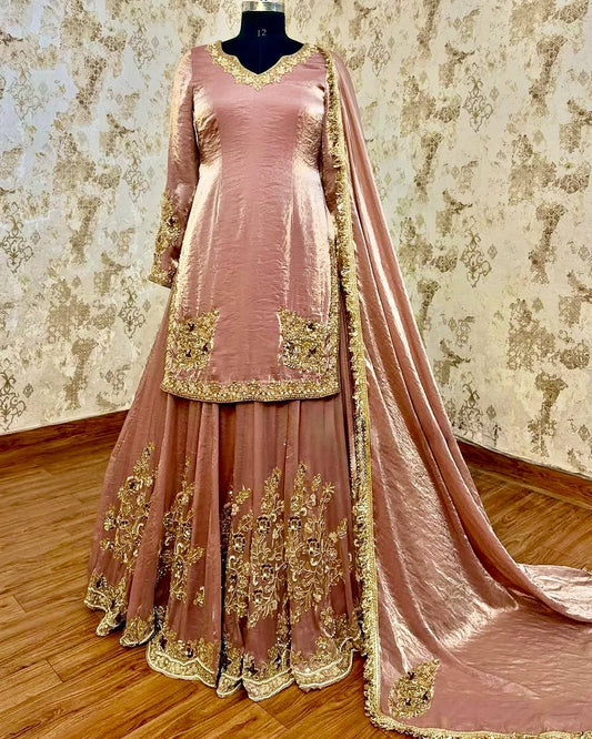 Function Wear Heavy Work Peach Color Sharara Suit