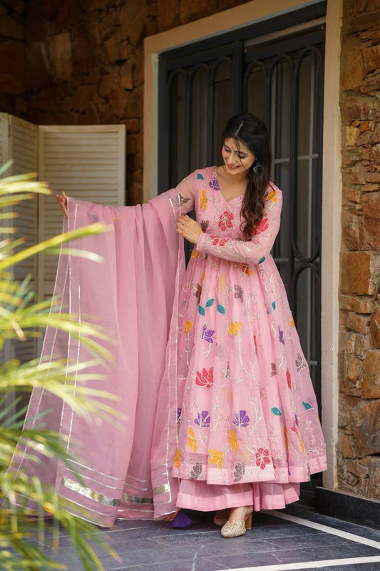 Lovely Floral Work Peach Color Gown With Sharara