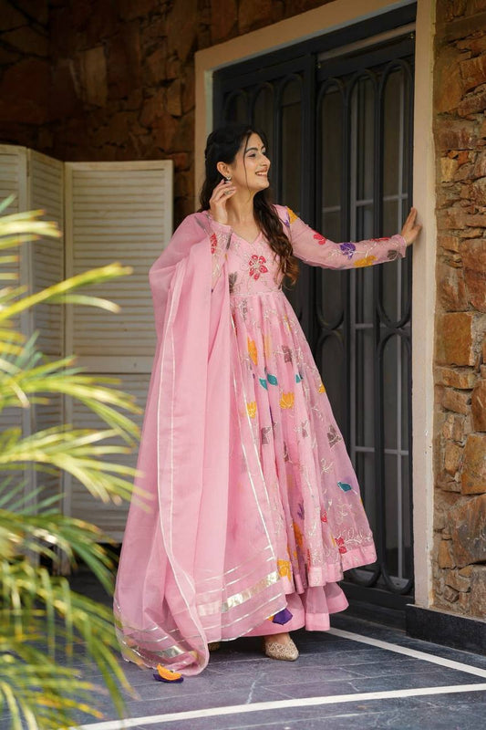 Lovely Floral Work Peach Color Gown With Sharara