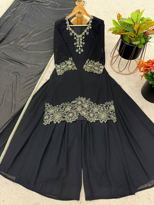 Delightful Georgette Black Color Sharara Suit