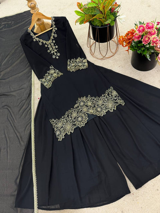 Delightful Georgette Black Color Sharara Suit