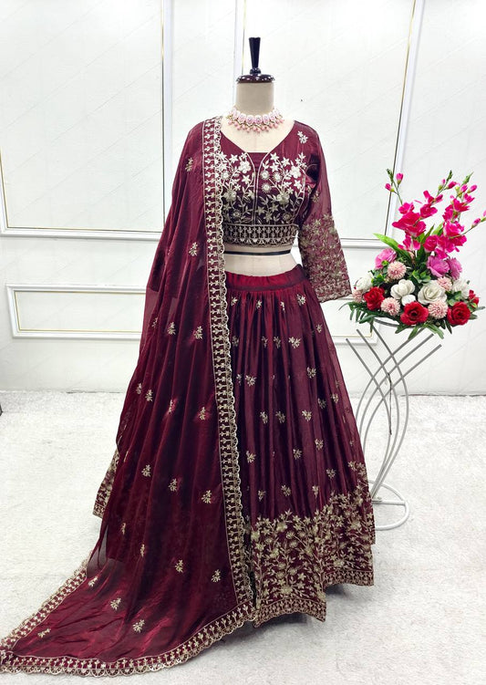 Lovable Maroon Color Embroidered Lehenga Choli and Dupatta