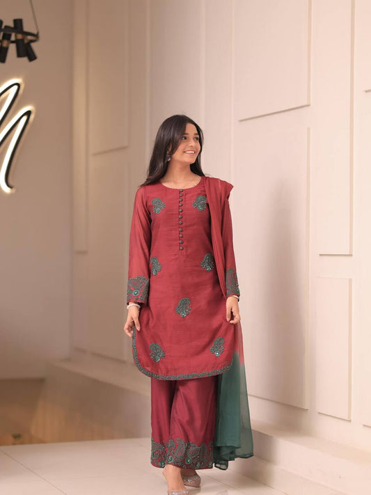 Maroon Color Embroidery Work Punjabi Style Palazzo Suit