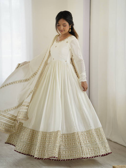 Function Wear Sequence Work White Color Anarkali Gown
