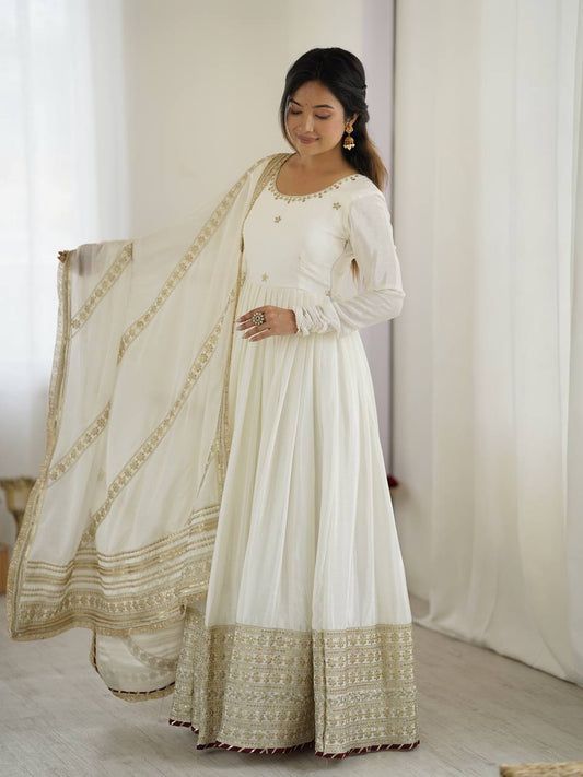 Function Wear Sequence Work White Color Anarkali Gown