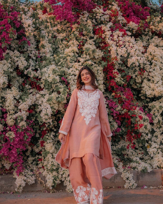 Elegant Peach Color Satin Silk Palazzo Suit