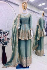 Fendy Silk Teal Green Gown With Sharara Fendy Silk Teal Green Gown With Sharara