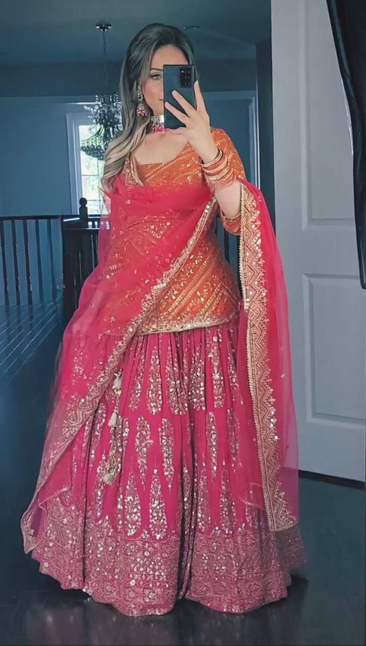 Designer Georgette Orange Top With Pink Lehenga