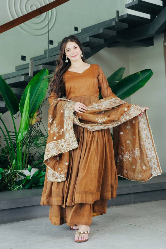 Rakhi Special Gold Crazy Brown Color Sharara Suit