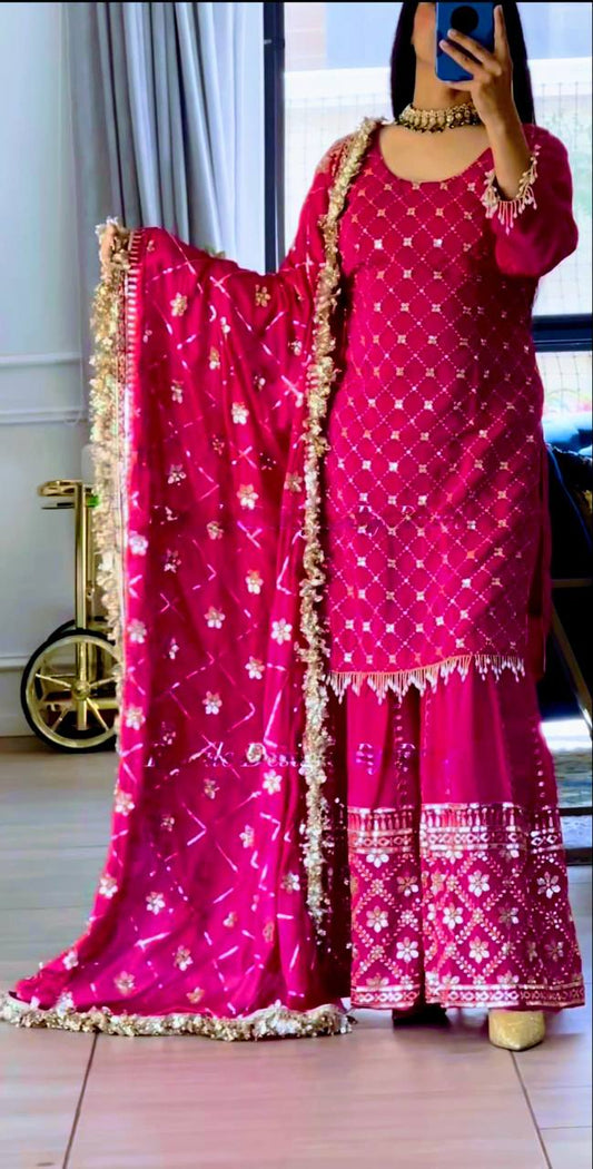 Delightful Pink Color Embroidery Work Sharara Suit