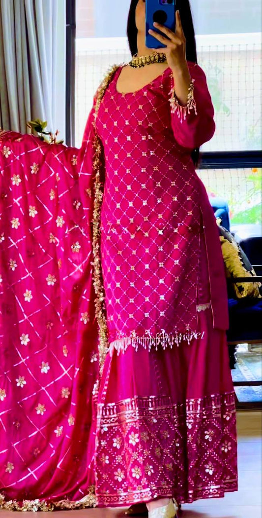 Delightful Pink Color Embroidery Work Sharara Suit